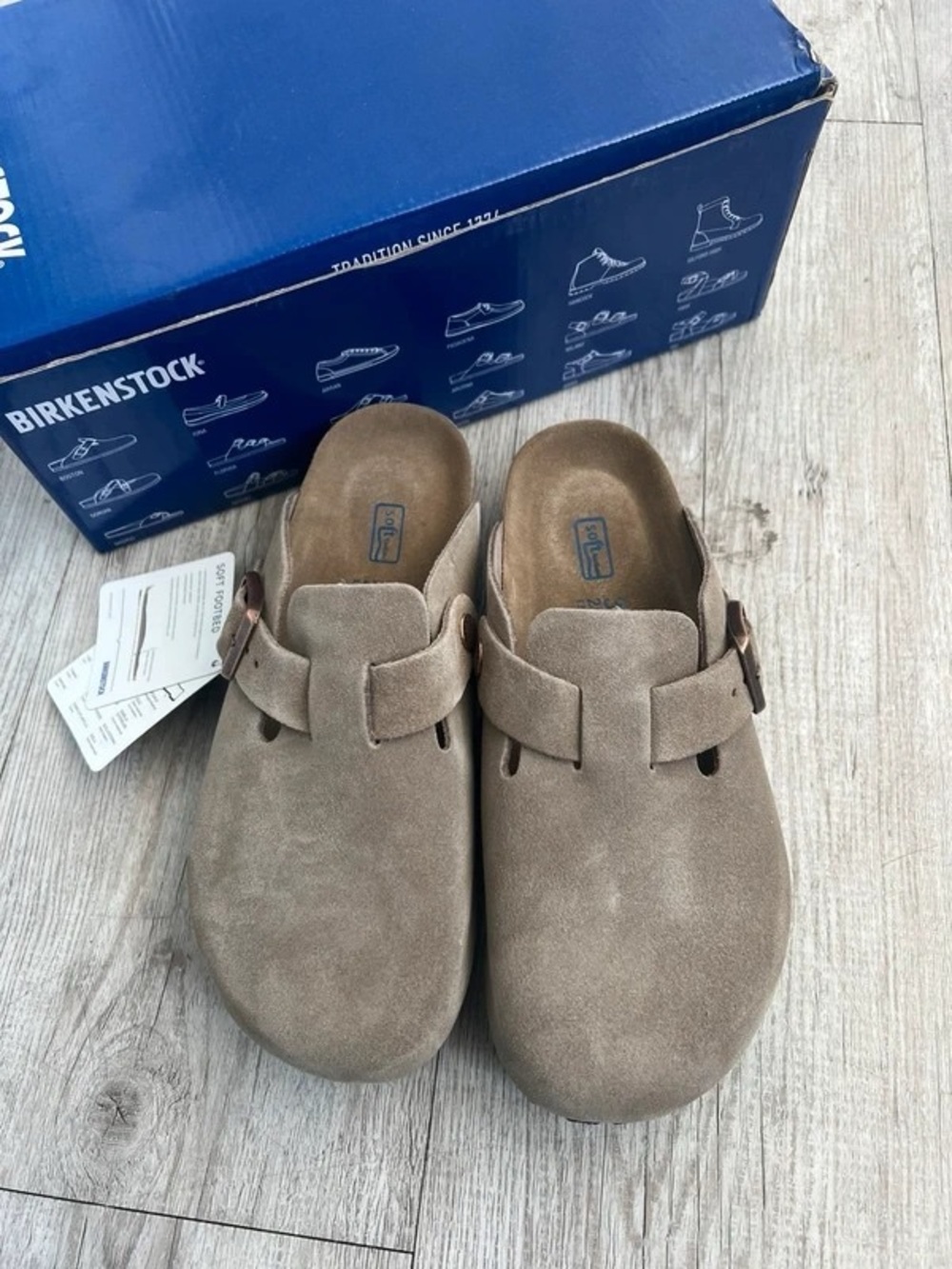 BIRKENSTOCK Boston taupe suede mule clogs